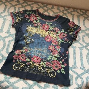 Misses Navy Floral Graphic Short Sleeve Tee with Pink Flowers
